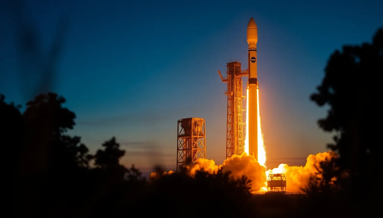 Dramatic Rocket Launch at Twilight This photo captures the exhilarating moment of a NASA rocket launching into the twilight sky. The fiery glow of the engines contrasts beautifully with the cool blue backdrop, enhancing the dramatic effect. Leading lines from the launch pad guide the viewer’s gaze as the rocket ascends into the atmosphere. The textures of the rocket's surface glisten in the light, creating an energetic scene full of adventure and excitement.