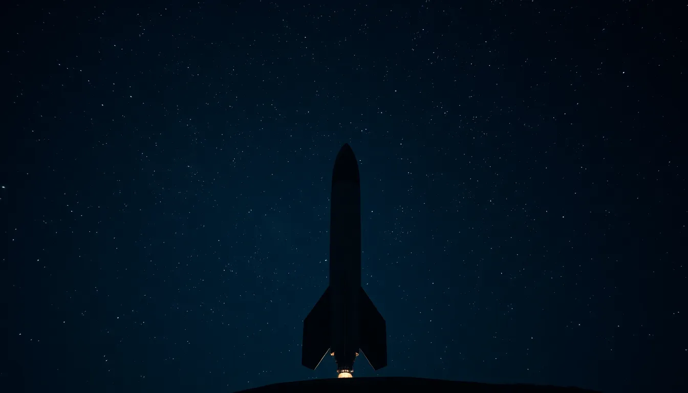 This dramatic image features a futuristic rocket elegantly silhouetted against a breathtaking star-filled night sky. Bathed in soft moonlight, the contours of the rocket are highlighted, enhancing its imposing presence amidst the cosmic backdrop. The deep focus allows for stunning clarity throughout the scene, while the rich blacks and shimmering stars create a mystical ambiance. This composition masterfully incorporates negative space, drawing attention to the rocket as a symbol of humanity's aspirations to explore the universe.
