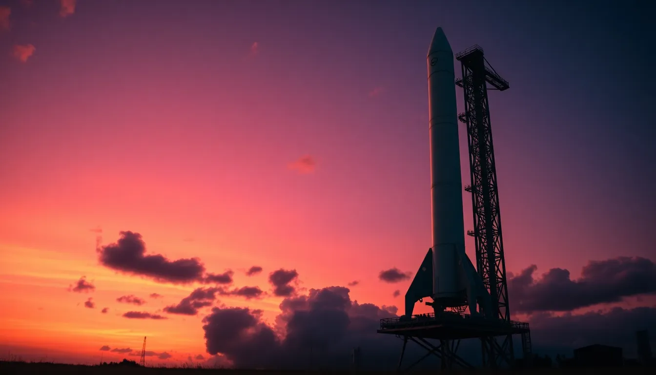 Witness a spectacular rocket launch captured at dawn as the first light breaks across the sky. The scene features a powerful rocket, silhouetted against a vivid mix of orange and purple clouds, with smoke billowing from the launch pad. This stunning composition highlights the excitement of space exploration, while the detailed textures of the concrete pad and metallic rocket add depth. Experience the energy of this moment, where technology meets the beauty of dawn.