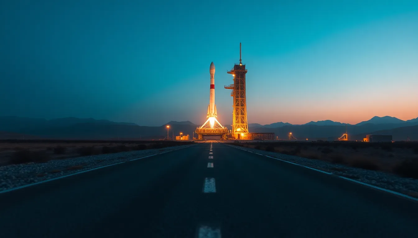 Rocket Launch Pad at Dawn This tranquil image showcases a rocket launch pad at dawn, bathed in the warm glow of early morning light. The scene captures the serenity and anticipation of a future launch, with crisp details extending from the foreground gravel to the distant mountains. The color palette balances soft golds and cool blues, enhancing the calm atmosphere. A leading line from the service road draws the viewer into the scene, creating a sense of depth and perspective.