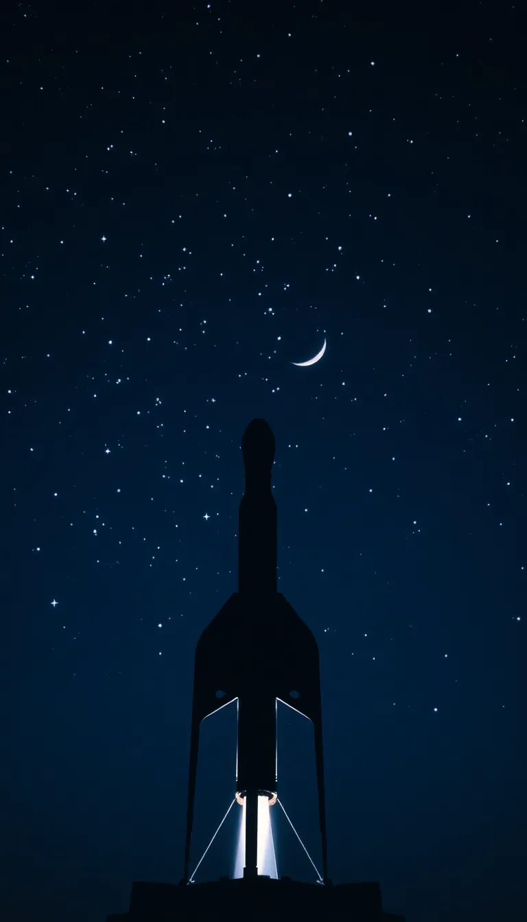 Experience the tranquil beauty of a rocket silhouetted against a starry night sky. Ambient lighting allows the stars to twinkle vibrantly, creating a sense of wonder and calm. The shallow depth of field gently blurs the background while keeping the rocket sharply in focus. This image beautifully captures the vastness of space and the anticipation of exploration.