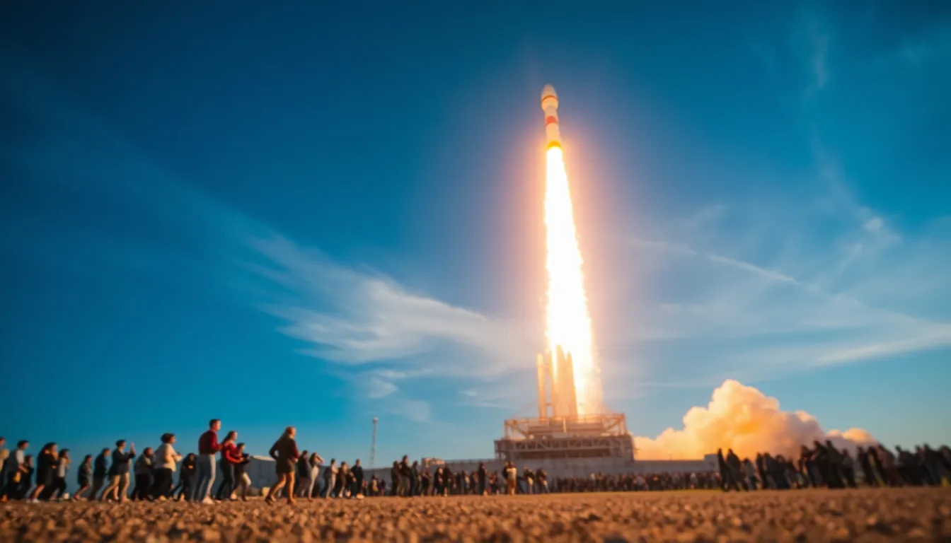 This thrilling image captures the electrifying moment of a rocket launch from ground level, revealing the powerful ignition flames glowing against the backdrop of a vivid blue sky. The warm oranges and yellows illuminate the scene, while a cheering crowd in the foreground adds to the excitement, rendered in soft bokeh. With its impressive composition and dynamic leading lines, this image encapsulates the thrilling experience of a live rocket launch, blending engineering marvel with human emotion.