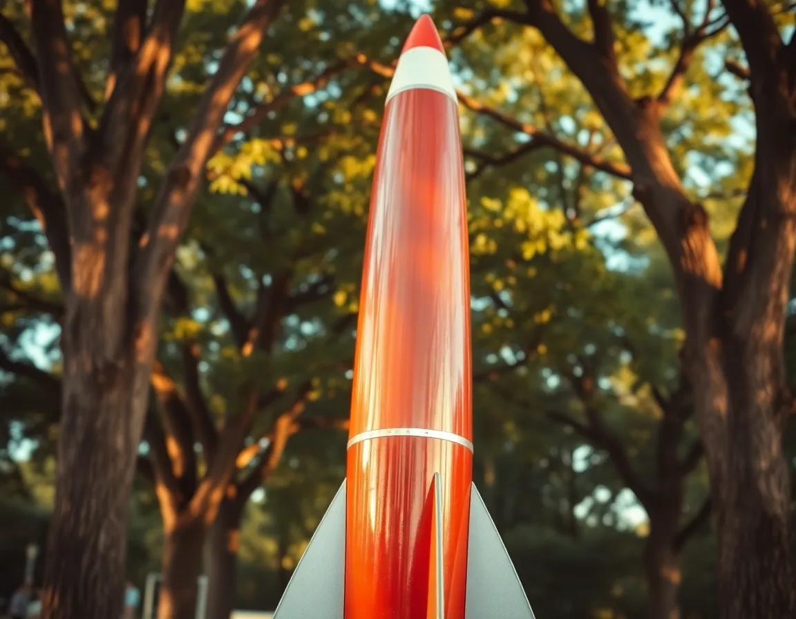 Admire a vintage rocket displayed in a charming public area, bathed in warm afternoon sunlight. This photograph evokes nostalgia, showcasing the rocket’s glossy paint and meticulous design against a backdrop of lush greenery. The soft shadows and muted color palette add to the retro ambiance, while the upward angle enhances the impression of grandeur. Every detail of the rocket resonates with the spirit of a bygone era of exploration.