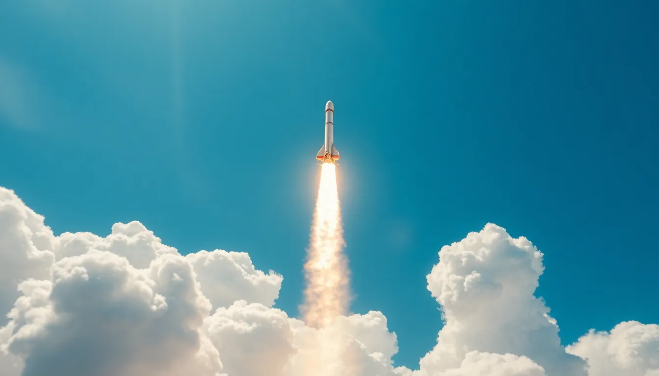 This breathtaking aerial shot captures a rocket soaring through pristine blue skies, leaving a dramatic smoke trail amid fluffy white clouds. The vibrant colors of the sky and the clean lines of the rocket emphasize the power and elegance of space exploration. Shot during a bright sunny day, the hyperfocal depth provides astonishing clarity from the rocket to the surrounding clouds. This composition not only highlights the rocket's ascent but also evokes a feeling of wonder and anticipation for mankind's journey into space.