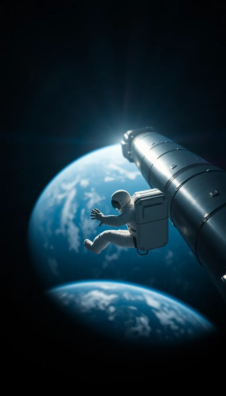 Astronaut in Space Near Rocket This captivating scene depicts an astronaut conducting a spacewalk next to a rocket while orbiting Earth. Bathed in bright sunlight, the astronaut's figure stands in sharp contrast against the deep black space and the vibrant blues of the planet below. The delicate depth of field isolates the astronaut, creating a sense of intimacy among the vastness of the universe. The composition, enhanced by the rule of thirds, adds a dynamic quality to this awe-inspiring moment in space.