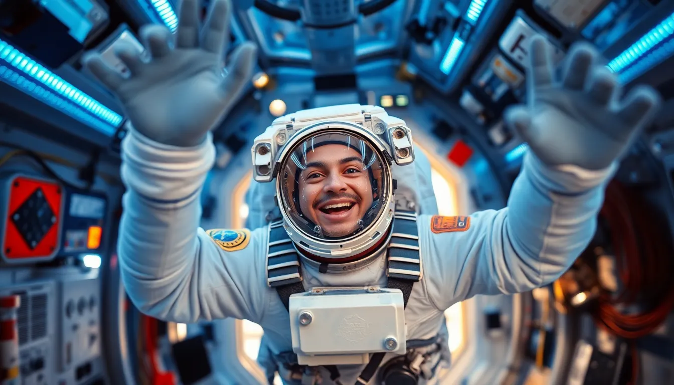 Astronaut in Zero Gravity Inside Rocket Cabin