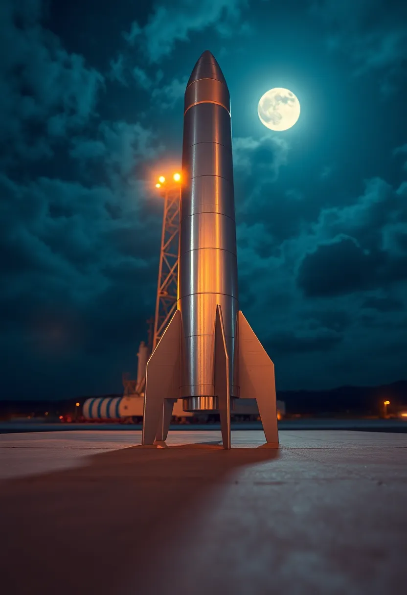 Experience the intensity of a rocket poised for launch at night, illuminated by the glow of the moon and surrounding spotlights. This striking image captures the futuristic design of the rocket with meticulous detail, while the dark sky creates a compelling contrast. Rich blues and silvers dominate the color palette, evoking a sense of anticipation and excitement. The close-up composition draws attention to the rocket’s features, setting the stage for an imminent adventure into space.