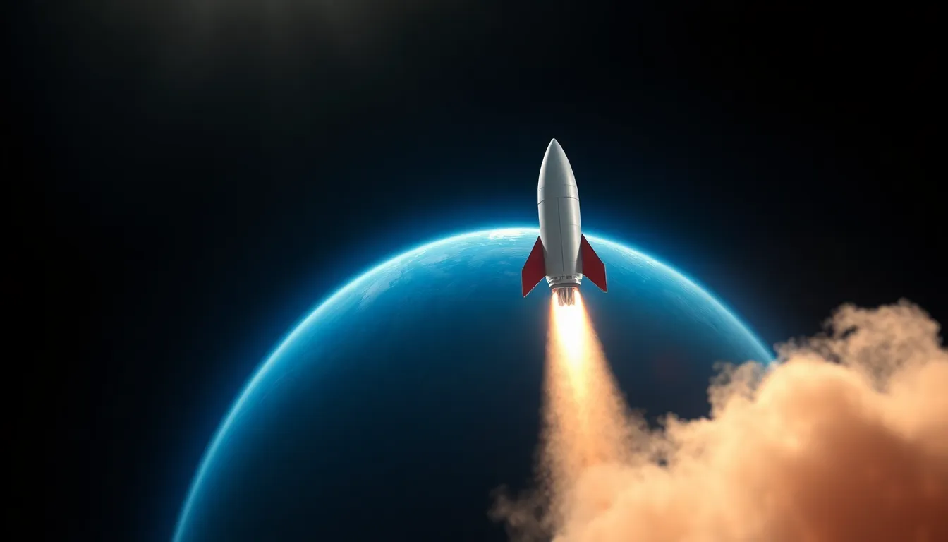 Behold the thrilling adventure of a rocket soaring through space above a vibrant blue planet. Sunlight beams create dramatic highlights and shadows, emphasizing the rocket's sleek design and the planet's curves. With hyperfocal clarity from the rocket to the distant planet, this image evokes feelings of exploration and wonder. The dynamic composition captures a sense of movement and excitement in the vastness of space.