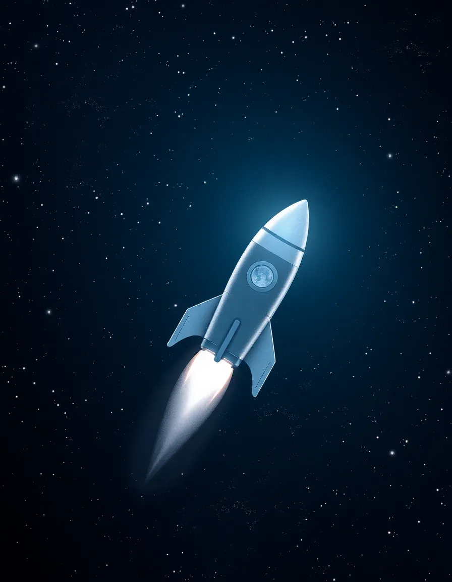 Rocket Journey Through Starry Sky This mesmerizing image captures a rocket as it travels through a starry night sky, illuminated by soft moonlight. The silvery sheen of the rocket stands out against the dark expanse, while twinkling stars enhance the dreamlike quality of the scene. The shallow depth of field isolates the rocket, drawing attention to its journey among the cosmos. The centered composition, with a slight offset, adds dynamic balance to this captivating portrayal of space exploration.