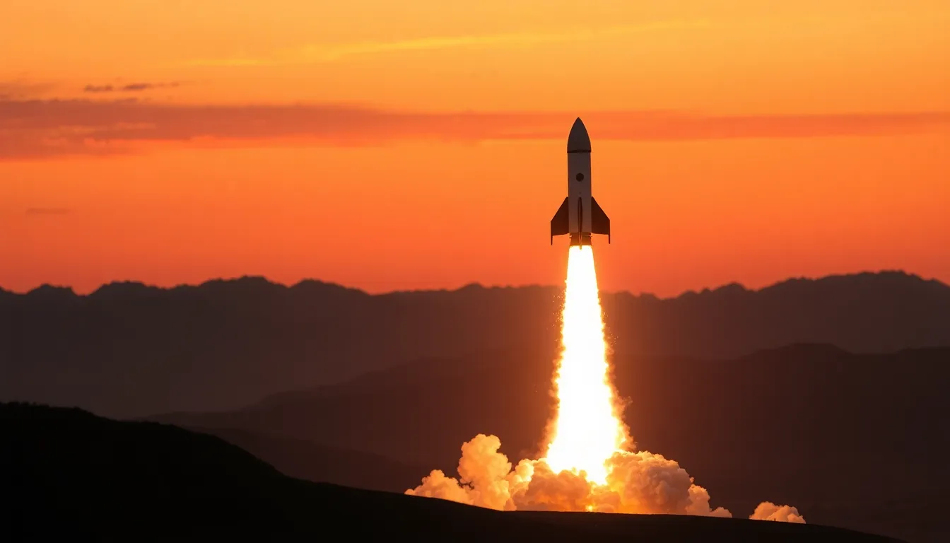 Rocket Launch at Dusk Over Mountains This breathtaking image captures a rocket ascending into the twilight sky over a picturesque mountain range. The warm colors of the sunset contrast beautifully with the silhouette of the rocket, creating a magical atmosphere. The selective focus enhances the drama of the scene, allowing the viewer to appreciate both the rocket's power and the serene beauty of the mountains below. This image is an inspiring representation of human ingenuity against nature's grandeur.