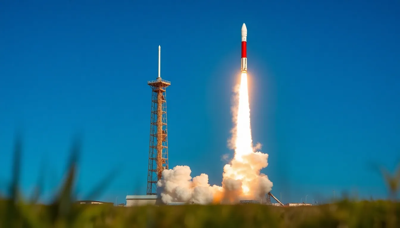 Rocket Launch from Coastal Launch Pad This striking image captures the moment of a heavy-lift rocket launching from a coastal launch pad during a breathtaking early morning. The sunlight illuminates the rocket's vibrant red and white colors against a clear blue sky, creating a vibrant visual contrast. The smoke billowing from the rocket adds dynamism, while the composition beautifully highlights its monumental scale. The textured concrete surface of the launch pad enhances the overall realism of the scene.