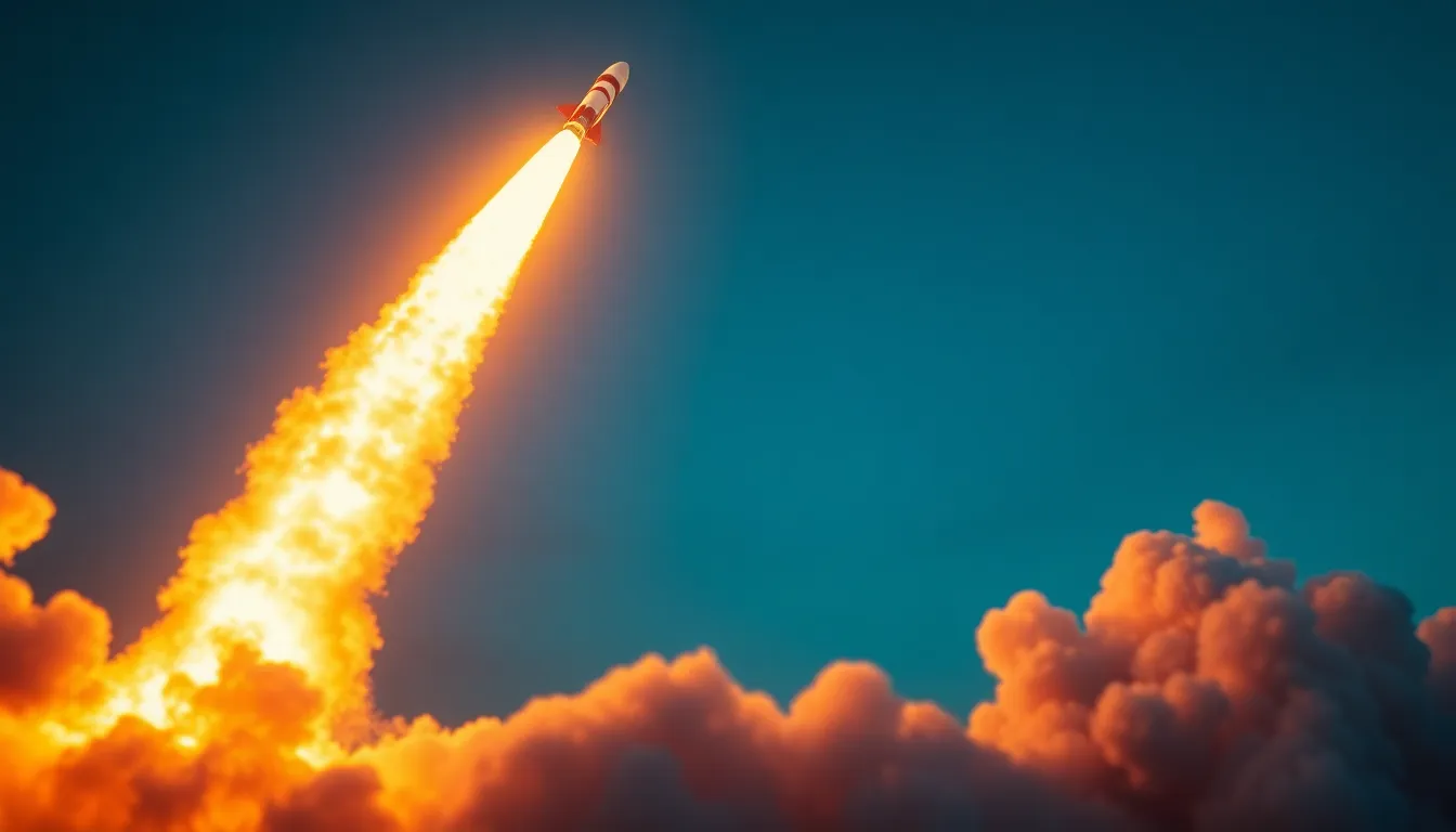 Witness the dynamic moment of a rocket launch, showcasing its ascent against a deep blue twilight sky. The golden hour lighting creates a brilliant contrast, highlighting the rocket’s vibrant reds and whites amidst the billowing smoke. The focus on the rocket, enhanced by a shallow depth of field, draws the viewer’s attention to the power of human ingenuity. This image captures the excitement and awe of space exploration.