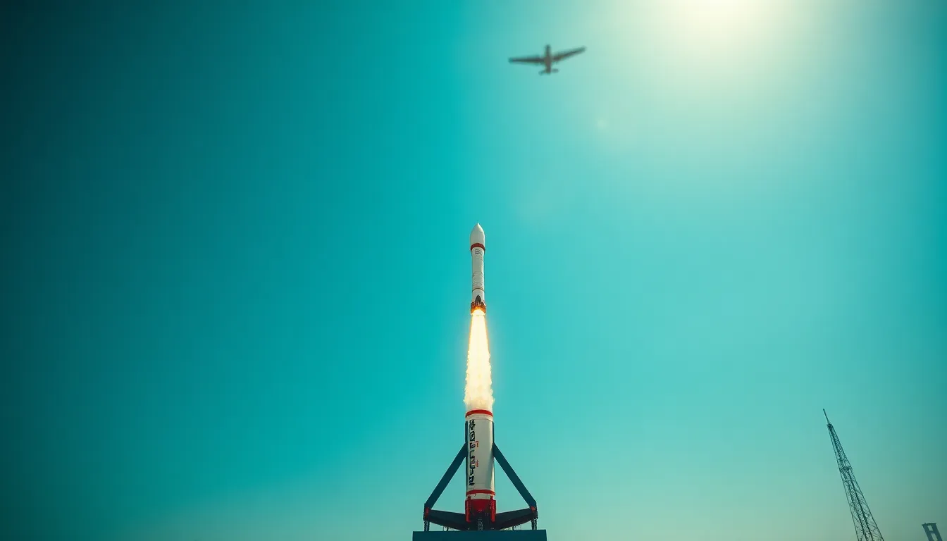 This powerful image showcases a rocket under the blazing midday sun, with strong shadows playing against its sleek structure. The hyperfocal focus sharpens the foreground while softly blurring the background, creating a stark contrast reinforced by cinematic color grading. The leading lines of the launch site guide the viewer's gaze towards the rocket, symbolizing innovation and exploration.