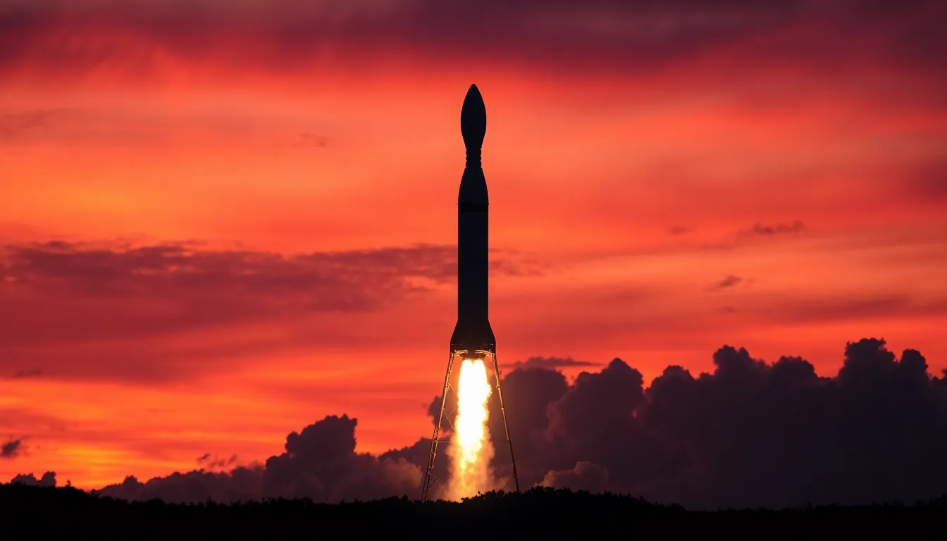 Rocket Silhouette Against Vibrant Sunset This mesmerizing silhouette image features a rocket against a breathtaking sunset, where dramatic colors of purple, orange, and red fill the sky. The glowing edges of the rocket provide a striking contrast to the vivid backdrop, while textured clouds add depth and interest to the scene. Centering the rocket within the frame emphasizes its monumental presence. This image captures the beauty and thrill of space exploration as day turns to night.