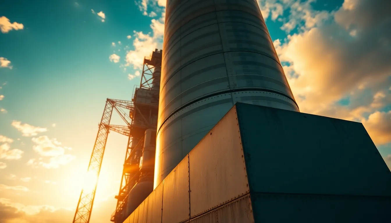 Rocket Launch at Golden Hour This stunning image captures a rocket poised for launch during the golden hour, bathed in warm backlighting that enhances its metallic surface. The shallow depth of field beautifully isolates the rocket, with a softly blurred launch pad in the background. The cinematic teal and orange color grading adds drama, making the scene feel both powerful and serene. This composition, centered on the rocket against a breathtaking sky, evokes a sense of anticipation and excitement.