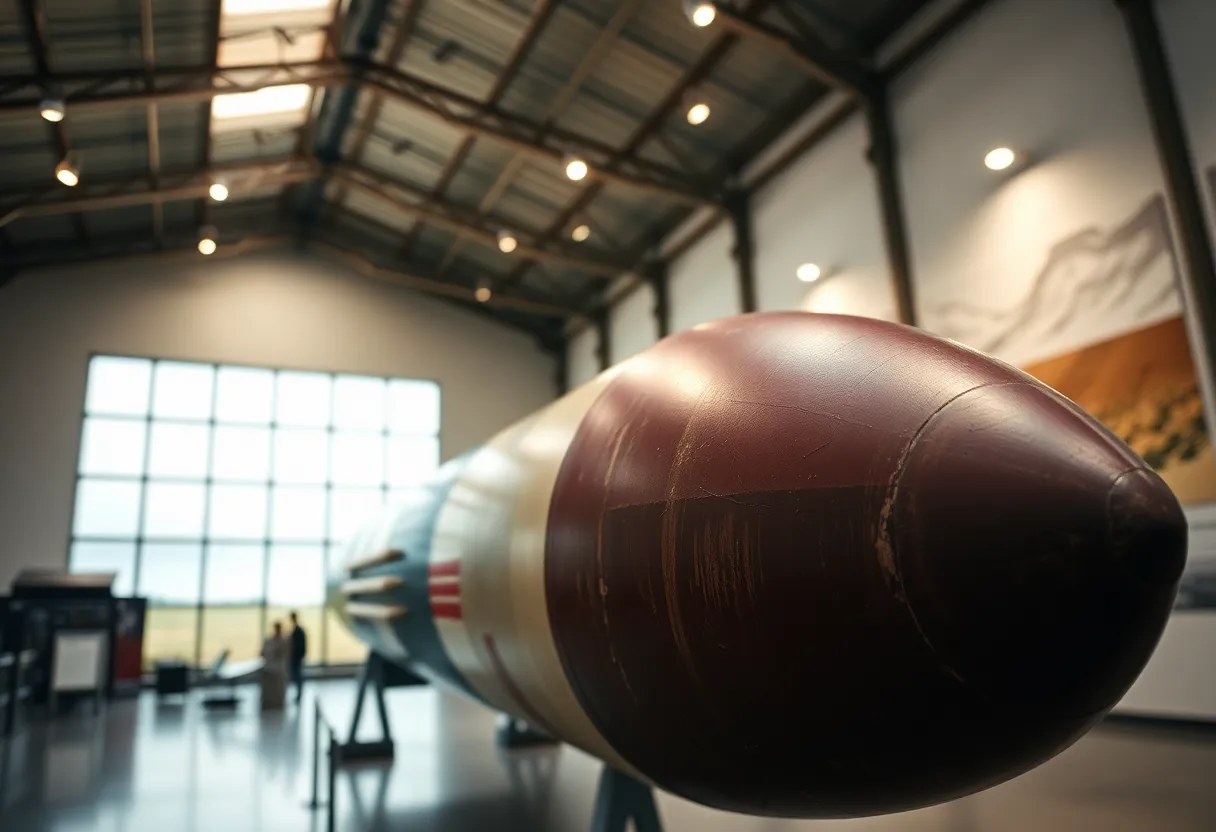 This image showcases a historic rocket on display in a museum under soft, diffused daylight. The overcast conditions provide an even lighting that reveals the surface textures, including weathering and fading paint. The composition adheres to the rule of thirds, creating a balanced and harmonious scene. The natural, muted color palette adds to the nostalgia of the moment, making this image a beautiful representation of space exploration history.