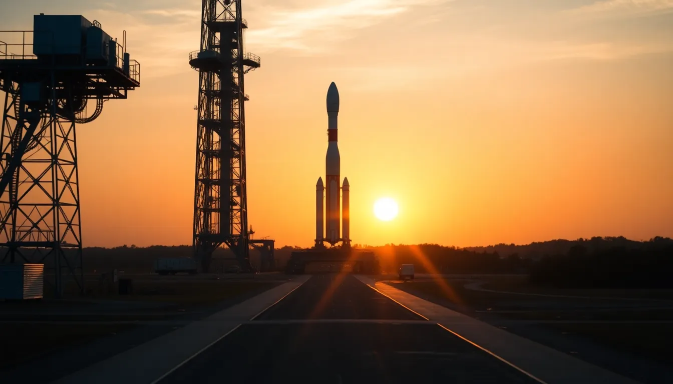 Rocket Ready for Launch at Sunrise This stunning image portrays a rocket poised for launch on the pad at sunrise, bathed in the warm glow of early morning light. The golden hour enhances the rocket's features, while the soft pastels of the dawn sky create an ethereal backdrop. Leading lines guide the eye towards the rocket, emphasizing its stature and readiness for the upcoming adventure. This image encapsulates the excitement of space exploration as a new day breaks.