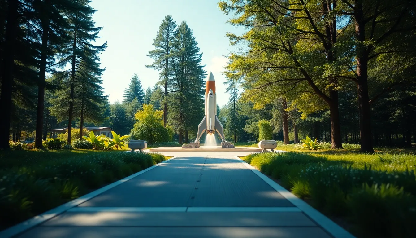 Futuristic Rocket Launchpad Surrounded by Nature This vibrant scene beautifully captures a futuristic rocket launchpad nestled in a lush natural setting, under a clear blue sky. The natural daylight enhances the vivid greens of the surrounding foliage, creating a harmonious blend of technology and nature. With everything in sharp focus, the viewer can appreciate the intricacies of the launchpad as well as the rocket ready for its mission. This image reflects the promise of sustainable space exploration, emphasizing the connection between innovation and the environment.