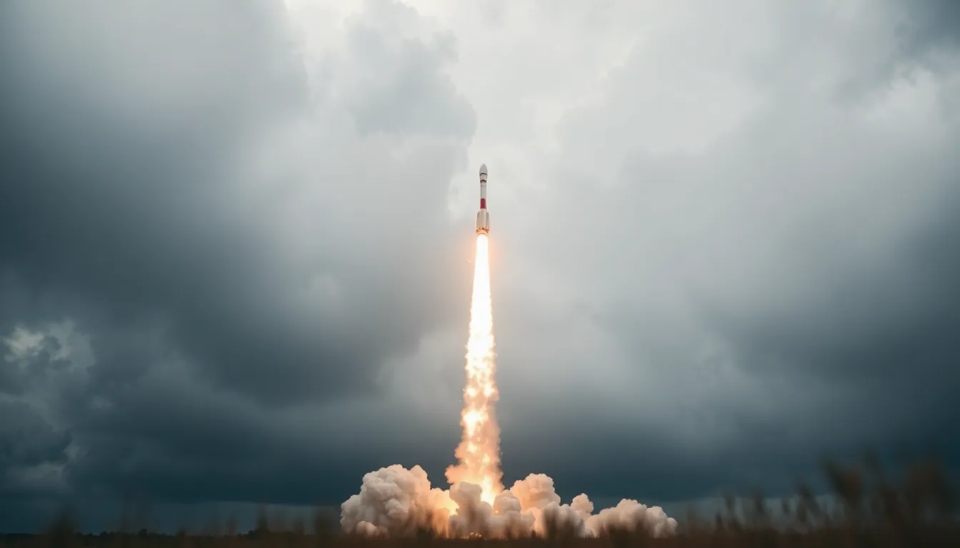 This dramatic image shows a rocket ascending into a stormy sky, framed by dark clouds and soft, diffused lighting. The selective focus captures the detailed textures of the rocket's tail, while the blurred surroundings evoke a sense of movement and urgency. The natural muted tones reflect the raw power of space exploration amidst nature's turmoil.