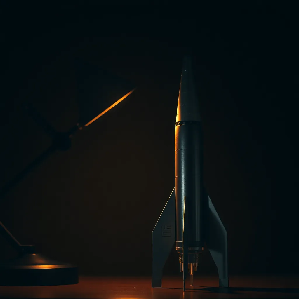 This striking close-up image reveals the intricate details of a rocket, illuminated by the warm glow of a tungsten desk lamp. The selective focus emphasizes the textures of the metallic surface, showcasing its precision engineering. Positioned in the left power point of the composition, the rocket stands out dramatically against a dark background, creating a mood of intrigue and sophistication. The natural skin tones and depth of field draw the viewer into the fine craftsmanship of the spacecraft.