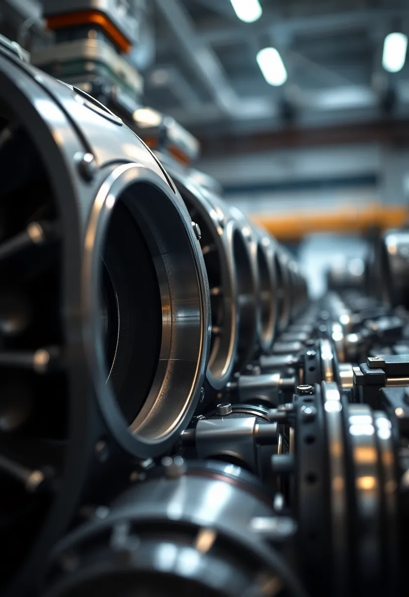 Intricate Close-Up of Rocket Engine Components This hyper-detailed close-up reveals the complex engineering of rocket engine components, inviting viewers to appreciate the meticulous design. The cool LED lighting showcases the metallic textures, emphasizing the sleekness and precision of modern aerospace engineering. With a shallow depth of field, the intricate details are crisp, while the background softly blurs, allowing the components to shine. This image highlights the intersection of art and technology in the field of space exploration.