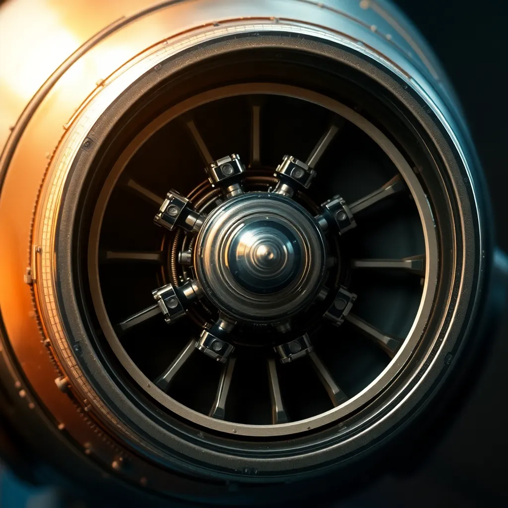 This hyper-detailed close-up captures the intricate design of a rocket's engine, showcasing the metallic surfaces and complex machinery with stunning precision. The dramatic studio lighting highlights the textures and adds depth through soft shadows. The rich, warm colors evoke the essence of advanced engineering, inviting viewers to appreciate the craftsmanship that goes into rocket technology.
