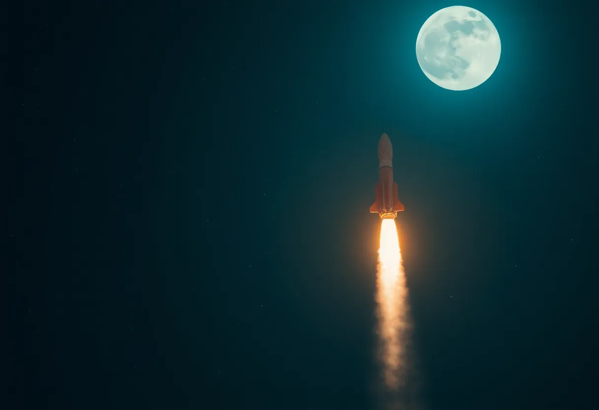 This captivating image captures a rocket soaring through a starry night sky, illuminated by the soft glow of a full moon. The cinematic teal and orange color palette enhances the dramatic contrast between the rocket and the celestial backdrop, creating a striking visual experience. The shallow depth of field focuses on the rocket's sharp details, while the background blurs into a beautiful bokeh effect, emphasizing its ascent into the infinite cosmos.