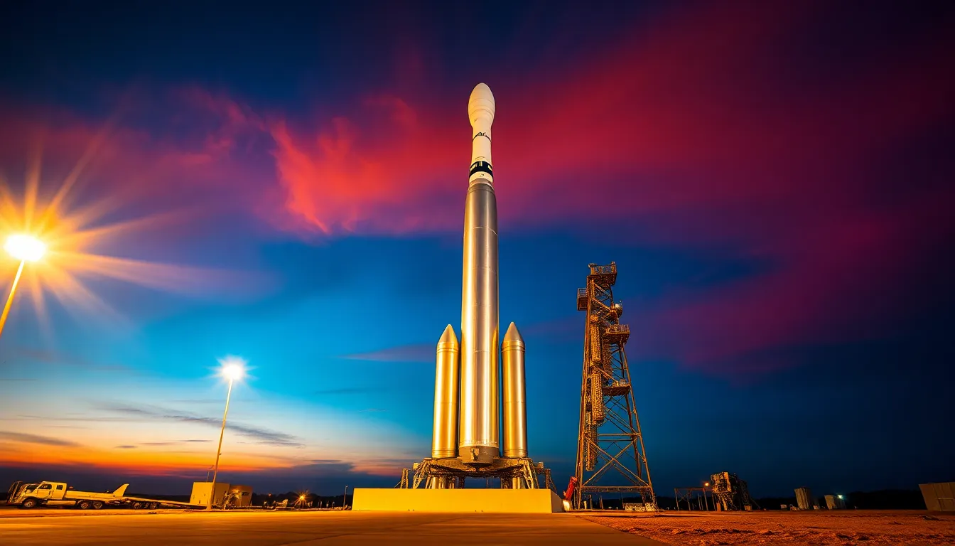 This stunning image captures a sleek rocket poised on its launch pad against a breathtaking twilight backdrop. The metallic surface of the rocket gleams under bright floodlights, contrasting beautifully with the warm oranges and deep blues of the evening sky. With shallow depth of field, the focus remains on the rocket while the background equipment melts into a soft blur. The composition emphasizes the rocket's grandeur, making it a captivating portrayal of human achievement in space exploration.