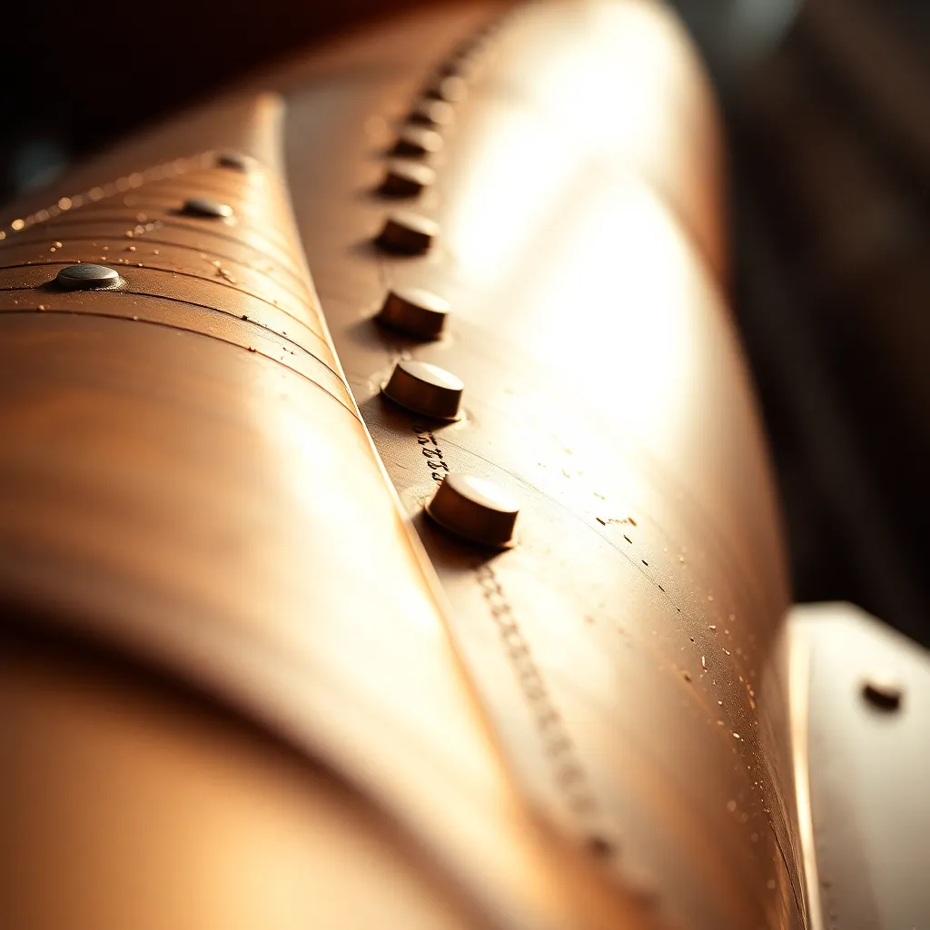Close-Up of Rocket Textures Dive into the intricate details of a rocket's surface with this close-up shot, showcasing rivets and textures illuminated by warm tungsten lighting. The selective focus combined with a shallow depth of field creates a dramatic effect, drawing attention to the craftsmanship involved in the design. The warm, rich colors of the Kodak Portra 400 palette further enhance the metal's character. This tightly framed composition celebrates the engineering beauty of this powerful machine.