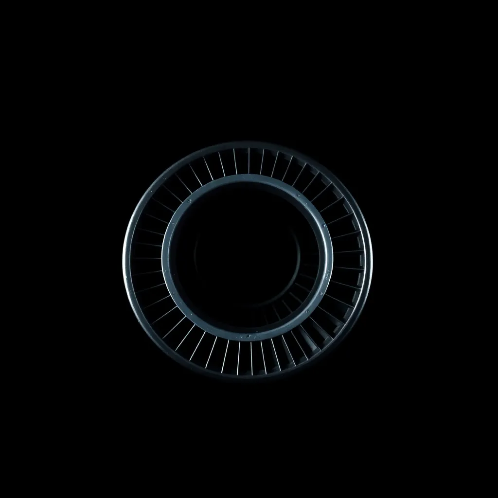 This stunning macro shot presents a rocket engine nozzle in exquisite detail against a stark black background. The dramatic studio lighting reveals the intricate engineering behind the nozzle, showcasing cooling fins and welds with precision. The shallow depth of field beautifully blurs the edges, emphasizing the metallic textures and colors. The symmetrical composition centers the nozzle, highlighting its essential role in rocket propulsion and the artistry of engineering.