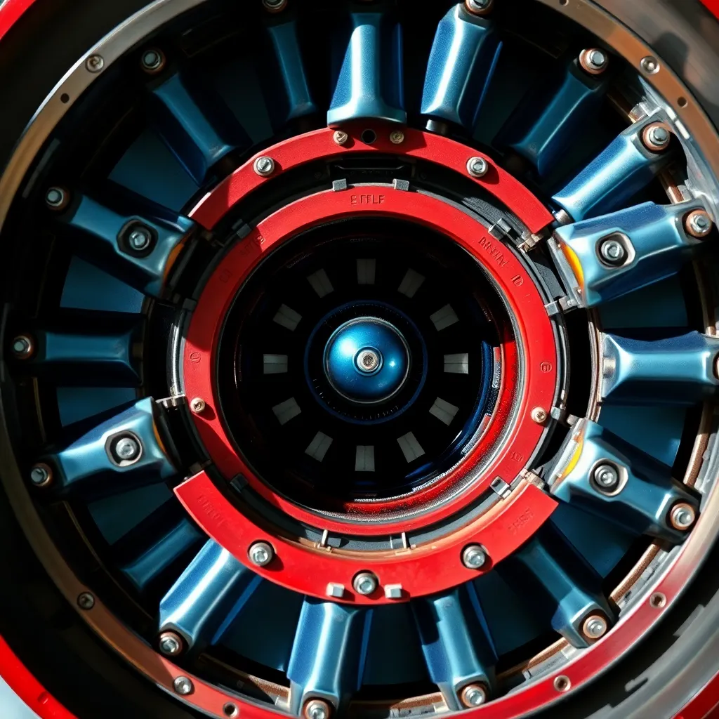 This close-up image beautifully captures the intricate details of a rocket engine assembly. The use of natural lighting brings out the vibrant colors of polished metal and rough gaskets. The shallow depth of field isolates the components, creating a striking focal point that draws viewers in. The symmetrical composition highlights the geometric forms, giving the image a clean and technical aesthetic that speaks to engineering excellence.