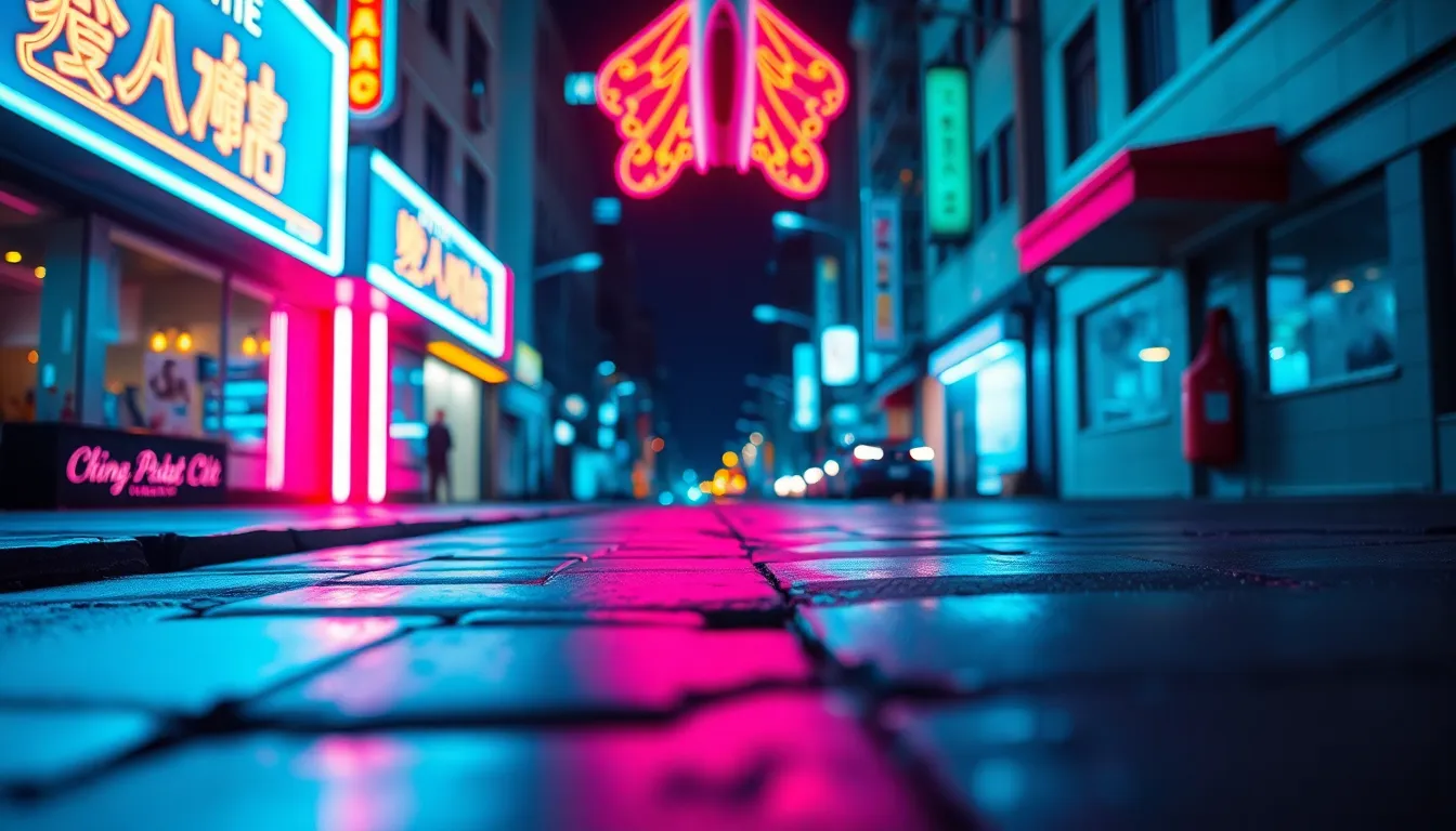 This striking nighttime image captures a rocket in an urban setting illuminated by vibrant neon signage. The blue and magenta reflections dance on the wet pavement, creating a colorful contrast with the warm teal and orange color grading. Butterfly lighting from above casts dramatic shadows, adding depth to the scene. The shallow depth of field focuses attention on the rocket while the leading lines of the street draw the viewer's eye into the bustling nightlife surrounding it.