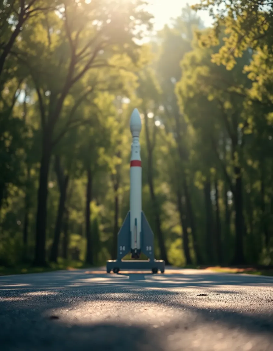 This captivating scene features a rocket on a launch pad nestled among the trees, illuminated by dappled sunlight. The selective focus draws attention to the rocket while the background softly blurs, creating a dreamlike quality. Muted tones of greens and browns enhance the tranquil mood, and the composition follows the rule of thirds for balance. The texture of the asphalt pad adds realism, contrasting beautifully with the natural surroundings.