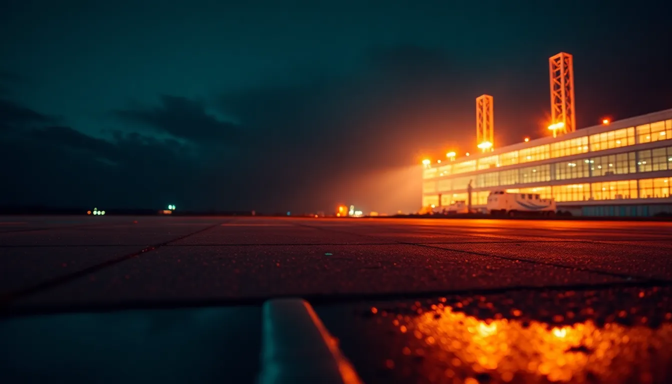 An exhilarating view of a rocket launch at night, vividly captured under dynamic lighting. The bright launch lights create a stunning contrast against the dark sky, while the cinematic color grading enhances the futuristic feel. The Dutch angle composition adds a sense of motion and excitement, inviting viewers to experience the thrill. The reflections on the wet launch pad create dramatic textures, making this image a powerful representation of space adventures.