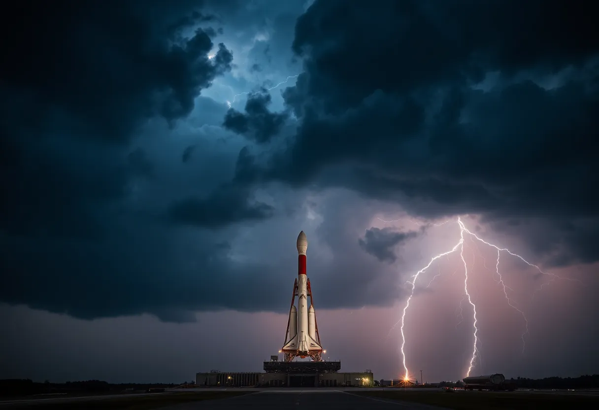 In this captivating shot, a rocket majestically stands on the launch pad, framed by an ominous stormy sky filled with dark clouds and flashes of lightning. The tense atmosphere created by the impending storm contrasts beautifully with the steadfastness of the rocket. The meticulous focus captures the dramatic details of the metal structure, while leading lines from the launch pad enhance composition. This image tells a story of human resilience in the face of nature's fury, embodying the spirit of exploration.
