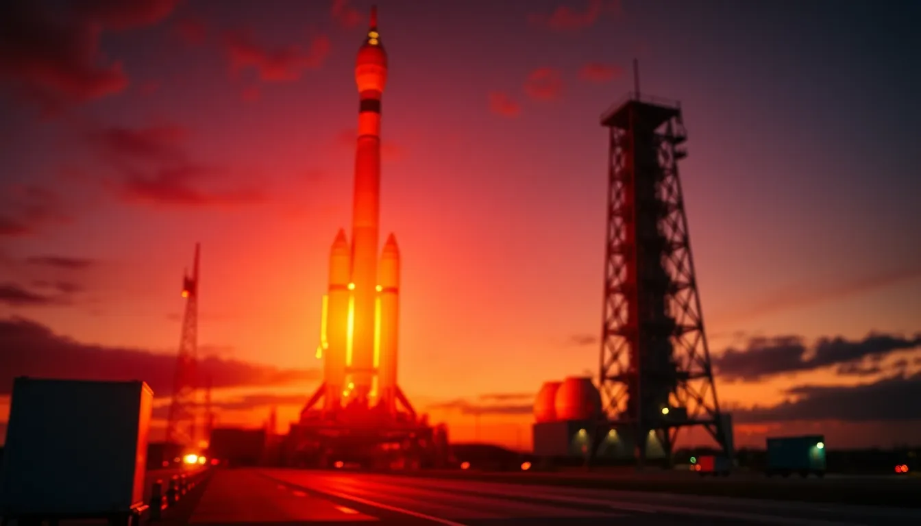 Rocket at Sunset Witness the beauty of a rocket captured at sunset, where dramatic lighting creates long shadows and vibrant colors dance along its metallic surface. This telephoto shot maintains a selective focus on the rocket, allowing the background to softly blur into painterly bokeh. The saturated colors reminiscent of Fujifilm Velvia amplify the sunset's warmth, making this composition both eye-catching and evocative. Leading lines from the launch facility draw the viewer's gaze towards this monumental achievement in engineering.