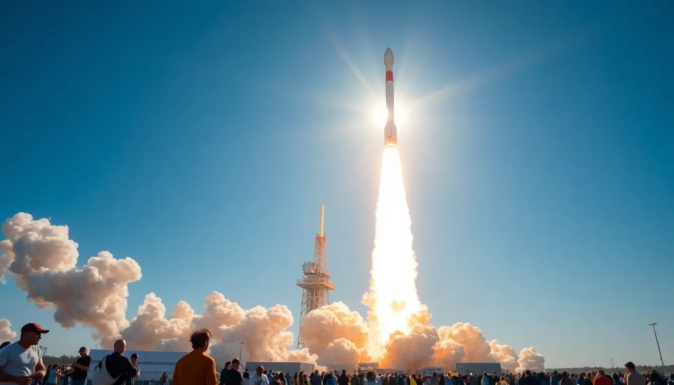 This striking image captures a powerful rocket launching into a clear blue sky, surrounded by plumes of smoke and flames. The bright sunlight enhances the vivid colors of the scene, with deep blues contrasting brilliantly against fiery oranges. The photograph maintains sharp focus throughout, capturing both the spectators in the foreground and the rocket in flight, creating a dynamic sense of motion and excitement.