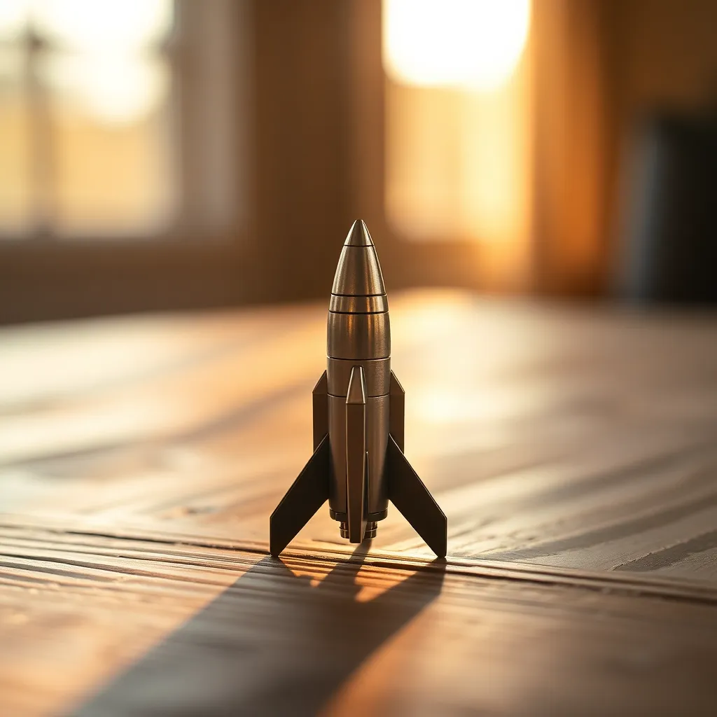 This image presents a beautifully detailed miniature rocket model placed on a textured wooden table, illuminated by soft afternoon light. The warm color palette and golden highlights enrich the model's features, while the shallow depth of field draws attention to its intricate details. The organic wood grain provides a rustic contrast, creating a harmonious balance within the composition.