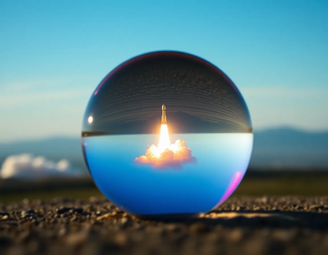 This imaginative photograph captures a rocket launch through a prism effect created by a glass sphere, distilling the vibrant colors and energy of the moment into a dreamlike interpretation. The dreamlike atmosphere, enhanced by the soft textures of the surrounding landscape, contrasts beautifully with the sharp details seen through the sphere. With a shallow depth of field, this image evokes a sense of wonder and creativity, celebrating the beauty of space exploration.