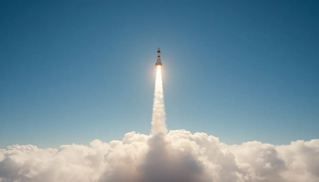 This captivating image portrays a rocket piercing through a cloud layer during a vibrant midday launch. The bright sky serves as a stunning backdrop, enhancing the intricate details of the rocket and its smoke trails. The symmetrical composition draws the viewer's eye to the dramatic moment of liftoff, where technology meets nature in a powerful display of ambition and exploration.