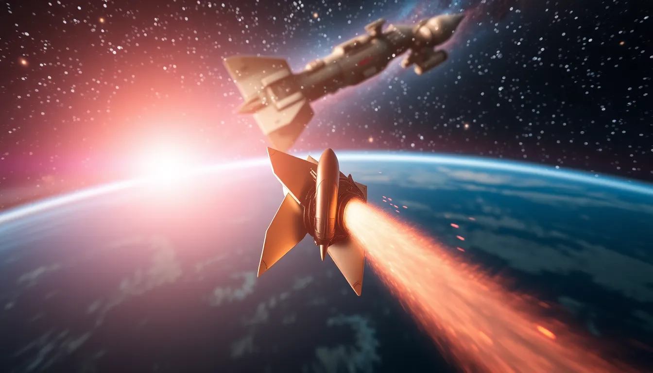 This captivating image showcases a futuristic rocket soaring through a star-filled night sky, providing a breathtaking view of Earth below. The bright twinkling stars create a soft bokeh effect, enhancing the rocket's sleek metallic details illuminated by distant nebula light. With a selective focus that sharpens the rocket against its dreamy background, this photograph encapsulates the essence of space exploration and adventure.