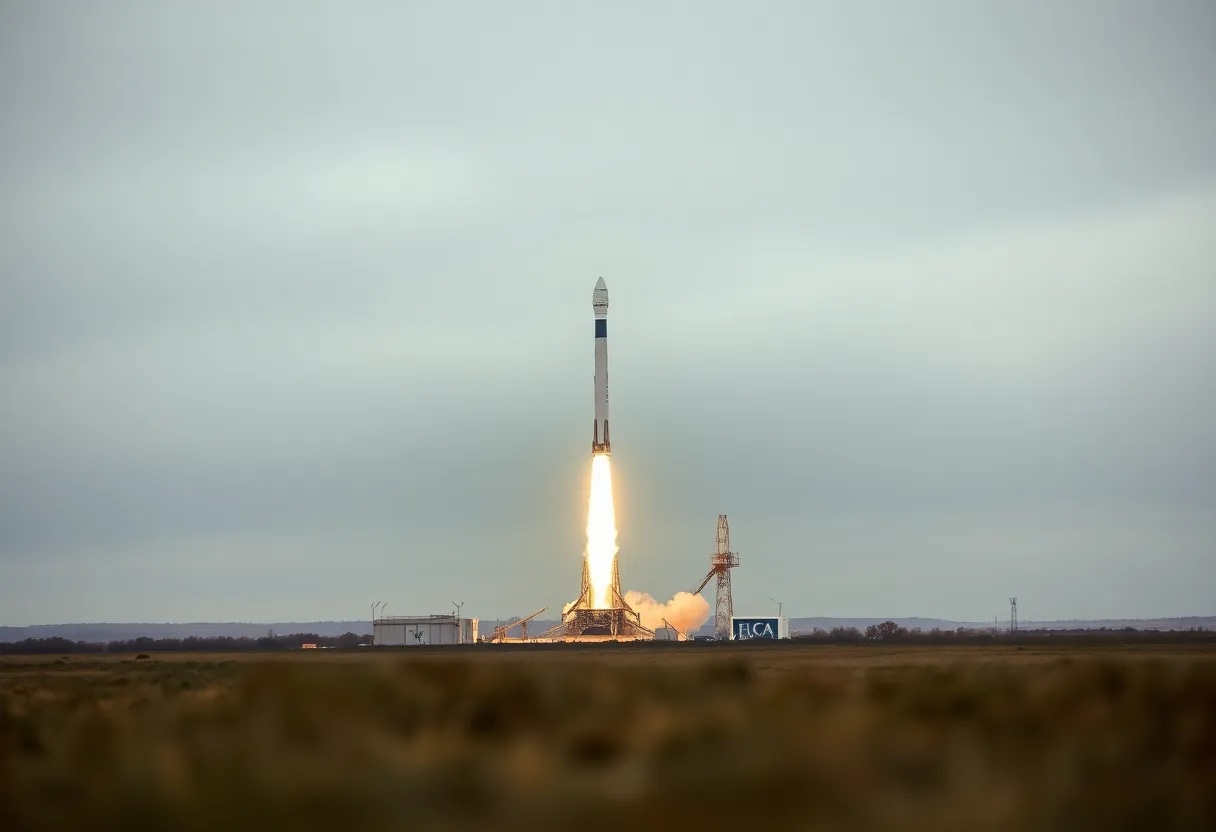 Rocket Against Overcast Sky This image showcases a striking rocket standing tall against an overcast sky, with diffused daylight bringing out the fine details in its structure. The hyperfocal distance ensures that both the rocket and the expansive launch site are in sharp focus. The muted color palette enhances the tranquil atmosphere, while the rule of thirds composition guides the eye towards the horizon. It captures the juxtaposition of human engineering against the vastness of nature.