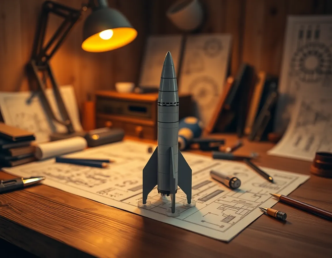 Detailed Close-Up of Rocket Model This intimate close-up showcases a meticulously crafted rocket model set against a backdrop of engineering blueprints and tools. The warm light from a tungsten lamp enhances the natural wood textures of the desk, creating a comforting workspace for innovation. With a shallow depth of field, the rocket is crisp and detailed, inviting the viewer to appreciate the intricacies of design and engineering. This image perfectly illustrates the blend of art and science in aerospace development.