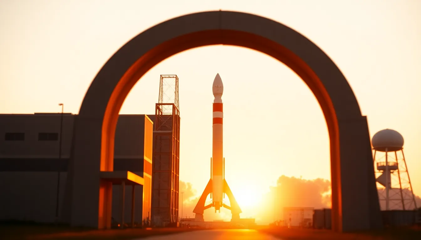 In this enchanting image, a rocket stands silhouetted against the golden hour light, creating a magical ambiance around its structure. The warm rim lighting casts a beautiful halo effect, while the soft textures of the surroundings lend depth and a sense of romanticism to the scene. Framed through an arch, the composition invites viewers into the moment, celebrating both technology and nature.