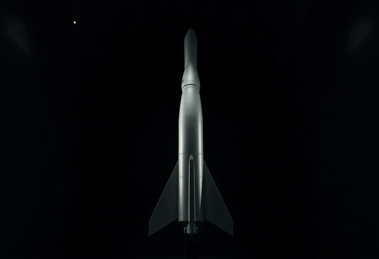 Rocket Displayed in Museum Setting An elegantly captured image of a historic rocket showcased in a museum, surrounded by an atmosphere of reverence and awe. The dramatic lighting highlights the rocket's features and creates compelling shadows, enhancing the textures of its surface. With muted tones and a selective focus, the photo invites viewers to reflect on humanity's achievements in space travel. This compelling composition draws the eye directly to the centerpiece of the exhibit, reinforcing the theme of exploration.