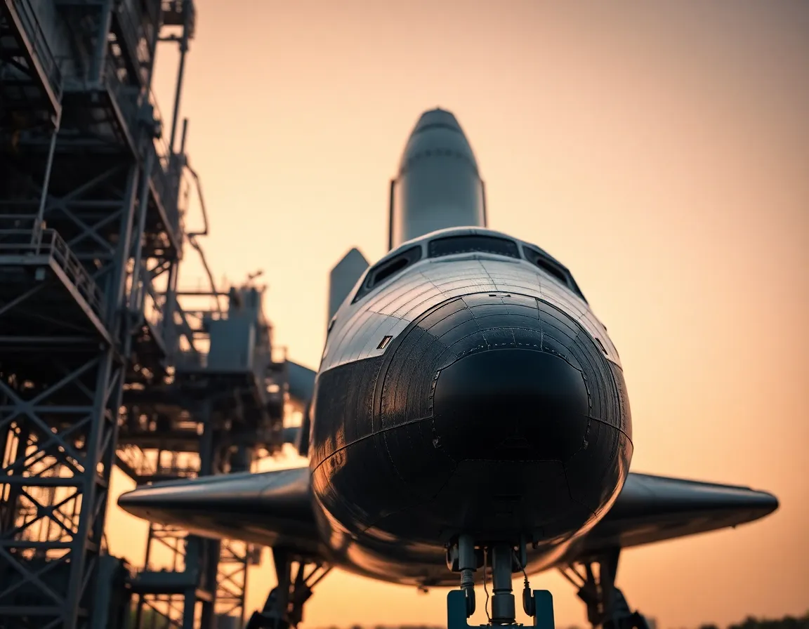 This stunning image captures a space shuttle poised for launch on the pad at dawn. The soft morning light creates a warm atmosphere, highlighting the intricate details of the shuttle's surface. With a focus on clarity, the image reveals the surrounding launch infrastructure, emphasizing the sheer scale of the spacecraft. The leading lines draw the viewer's eye towards the shuttle, embodying the anticipation of upcoming space missions.