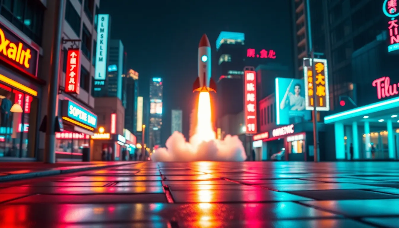 This imaginative image depicts a rocket launching from a mesmerizing futuristic cityscape under a starry night sky. The vibrant neon signage casts colorful reflections on the wet pavement, infusing the scene with energy. With a focus on the rocket amidst a bokeh of city lights, the photograph captivates viewers with its cinematic color grading and striking contrasts. The composition highlights the rocket's ascent, symbolizing the spirit of innovation and exploration.