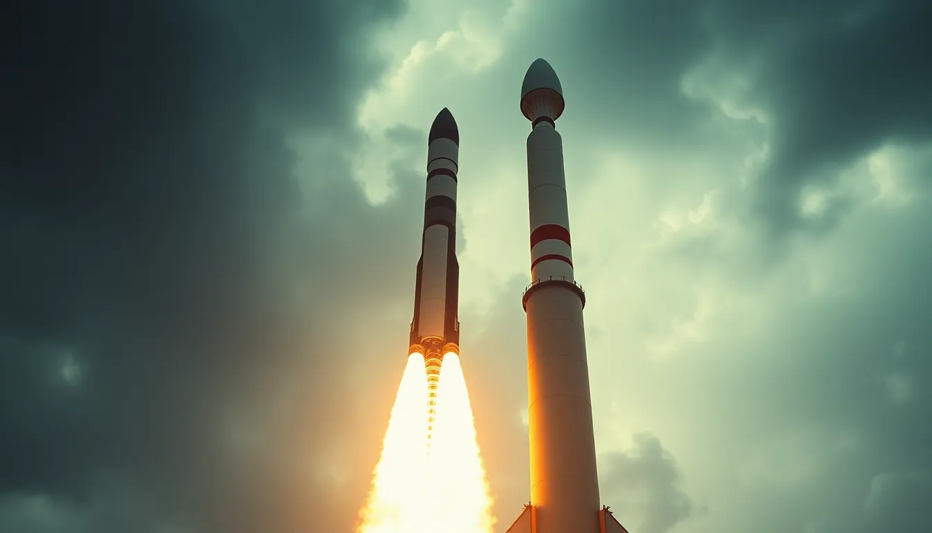 This captivating image showcases the critical moment of rocket booster separation during ascent against a backdrop of stormy clouds. Illuminated by dramatic Rembrandt lighting, the contours of the rocket body are highlighted, creating a striking contrast with the dark sky. The selective focus draws attention to the separation, while a cinematic color grading enhances the drama of the scene. The composition's dynamic lines convey the powerful motion of the launch.