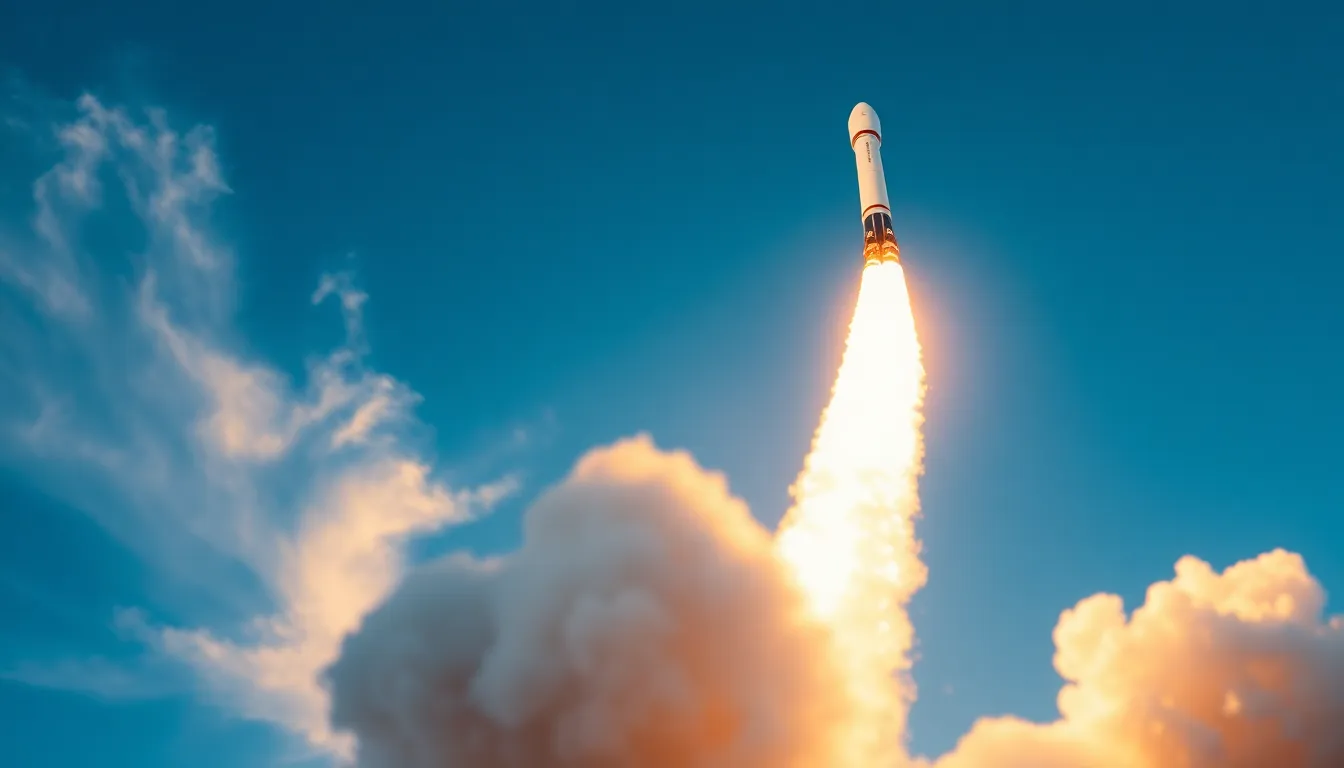 Witness the breathtaking moment of a Falcon rocket launching into a pristine blue sky during golden hour. The warm light accentuates the metallic texture of the rocket, creating a striking visual against the backdrop. This dynamic composition captures the energy and excitement of space exploration, while the bokeh enhances the sense of depth and focus. The contrasting colors of the sky and rocket emphasize the thrill of liftoff.