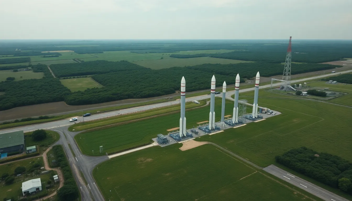 This stunning aerial image captures a launch site teeming with activity, showcasing multiple rockets lined up in anticipation of their missions. Soft overcast light bathes the scene, highlighting the muted greens of the surrounding countryside and the industrial grey of the rockets. The sharp focus across the entire frame offers a detailed perspective on the scale and organization of the site, presenting a comprehensive view of the preparations for space exploration.